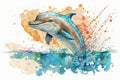 Funny friendly welcoming dolphin for kids and youngsters, a watercolor styled. T-shirt graphics