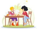 Funny friends. Two girls drink tea and juice morning. Illustration for internet and mobile website