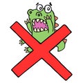 Funny frightened dinosaur and red cross mark. Vector illustration