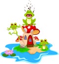 Funny frog cartoon singing on mushroom Royalty Free Stock Photo