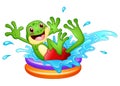 Funny Frog Cartoon Sitting Above Inflatable Pool With Water Splash
