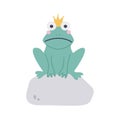 Funny frog with a crown on a stone. Vector image in a flat cartoon style on a white background. Decor for children's Royalty Free Stock Photo