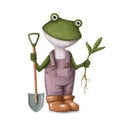 funny frog in the garden, watercolor style illustration, summer clipart with cartoon character