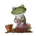 Funny frog in the garden, watercolor style illustration, summer clipart with cartoon character