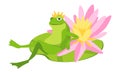 Funny Frog in Gold Crown Relax in Confident Pose with Crossed Legs on Water Lily Leaf with Beautiful Flower, Queen Toad