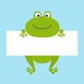 Funny frog hanging on paper board template. Big eyes. Kawaii animal body. Cute cartoon character. Baby card. Flat design style. Bl