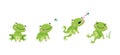 Funny frog jumping for flying insect. Cartoon pond frogs jump and eating. Green toad eat dragonfly and relax. Fairytale