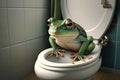 Funny frog sitting on a toilet seat in the bathroom Royalty Free Stock Photo