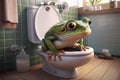 Funny frog sitting on a toilet seat in the bathroom Royalty Free Stock Photo