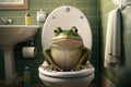 Funny frog sitting on a toilet seat in the bathroom