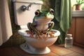 Funny frog sitting on a toilet seat in the bathroom Royalty Free Stock Photo