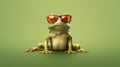 Funny frog in sunglasses in trendy style on yellow background. Portrait summer. Pet care, generated AI