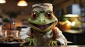 funny frog wear a chef uniforms cooking in the kitchen on kithen background. Generative AI