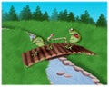 Funny frogs on the bridge share a worm. Children`s book illustration