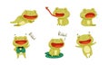 Funny frogs in different activities set. Cute amphibian character croaking, jumping, catching fly vector illustration