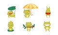 Funny frogs in different activities set. Cute amphibian character sitting under umbrella, jumping, hanging on tree Royalty Free Stock Photo