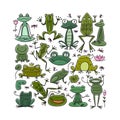 Funny frogs family. Art square background for your design