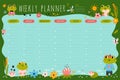 Funny frogs theme weekly planner. Kids lesson schedule with green amphibians in suits and glasses. Week timetable