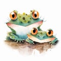 Funny frogs on white background. Cartoon watercolor illustration. Generative AI