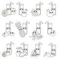 Funny Fruit and Berry Juices in Glass set set, the big page to be colored, simple education game for kids.