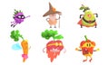 Funny Fruit Characters Wearing Wizard and Superhero Costume Set, Blackberry, Pear, Carrot, Radish, Pepper Vector
