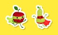 Funny fruit superhero stickers set. Funny apple and pear characters in mask and cloak cartoon vector illustration Royalty Free Stock Photo