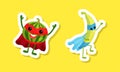 Funny fruit superhero stickers set. Funny banana and watermelon characters wearing mask and cloak cartoon vector Royalty Free Stock Photo