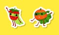 Funny fruit superhero stickers set. Funny strawberry and orange characters wearing mask and cloak cartoon vector Royalty Free Stock Photo