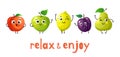 Funny fruits. Cartoon baby fruit, summer sweets. Isolated apple, peach and plump. Healthy food vector banner