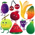 Funny Fruits Cartoon Characters with Funny Faces Set, Plum, Ripe Cherries, Banana, Mango, Apple, Watermelon, Blackberry