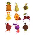 Funny fruits cartoon characters set, people in fruit costumes vector Illustrations Royalty Free Stock Photo