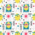 Funny fruits seamless pattern. Cute hand drawn lemons with water bottle and beach mat. Tropical summer citruses. Happy