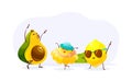 Funny fruits and vegetables cartoon character. Avocado, eggplant and lemon dancing together in meadow