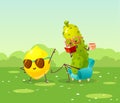 Funny fruits and vegetables cartoon character. Cucumber and lemon are resting in meadow, reading, doing exercises. Cute food
