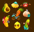 Funny fruits and vegetables cartoon character. Vegetables and fruits go in for sports, prepare food, ride a bike, relax, read Royalty Free Stock Photo