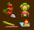 Funny fruits and vegetables cartoon character. Vegetables and fruits go in for sports, watermelon resting on the beach, broccoli