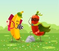 Funny fruits and vegetables cartoon character. Pepper in superhero costume poses for photo. Banana takes pictures of pepper.