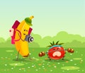 Funny fruits and vegetables cartoon character. Tomato goes in for sports, raises dumbbells, banana shoots sports activities on Royalty Free Stock Photo