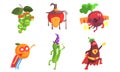 Funny Fruits and Vegetables Characters Wearing Wizard and Superhero Costume Set, Grape, Apple, Beetroot, Orange