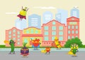 Funny fruits and vegetables superheros in cartoon city vector illustration. For vegan social networks and healthy