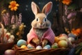 Funny furry bunny dressed in a cozy pink sweater sits in a basket of colorful Easter eggs