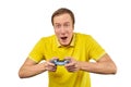 Funny gamer with gamepad, excited video game player concept isolated on white background