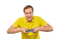 Funny gamer with gamepad, excited video game player concept isolated on white background