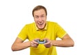 Funny gamer with gamepad, excited video game player concept isolated on white background