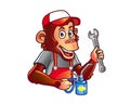 Funny Garage Chimp Holding Wrench and Can of Oil Cartoon Mascot Logo Badge Royalty Free Stock Photo