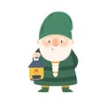 Funny Garden Gnome With Lantern Isolated On White Background. Cute Elf Character Wear Green Cap With Burning Candle Lamp Royalty Free Stock Photo