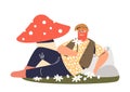 Funny garden gnome lying under mushroom. Cute lazy cartoon dwarf with red hair and beard having rest