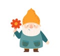 Funny Garden Gnome Wear Yellow Hat Holding Flower Isolated On White Background. Cute Elf Or Dwarf Design Element Royalty Free Stock Photo