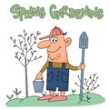 Funny gardener with shovel and bucket