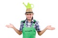 Funny gardener with watering can isolated Royalty Free Stock Photo